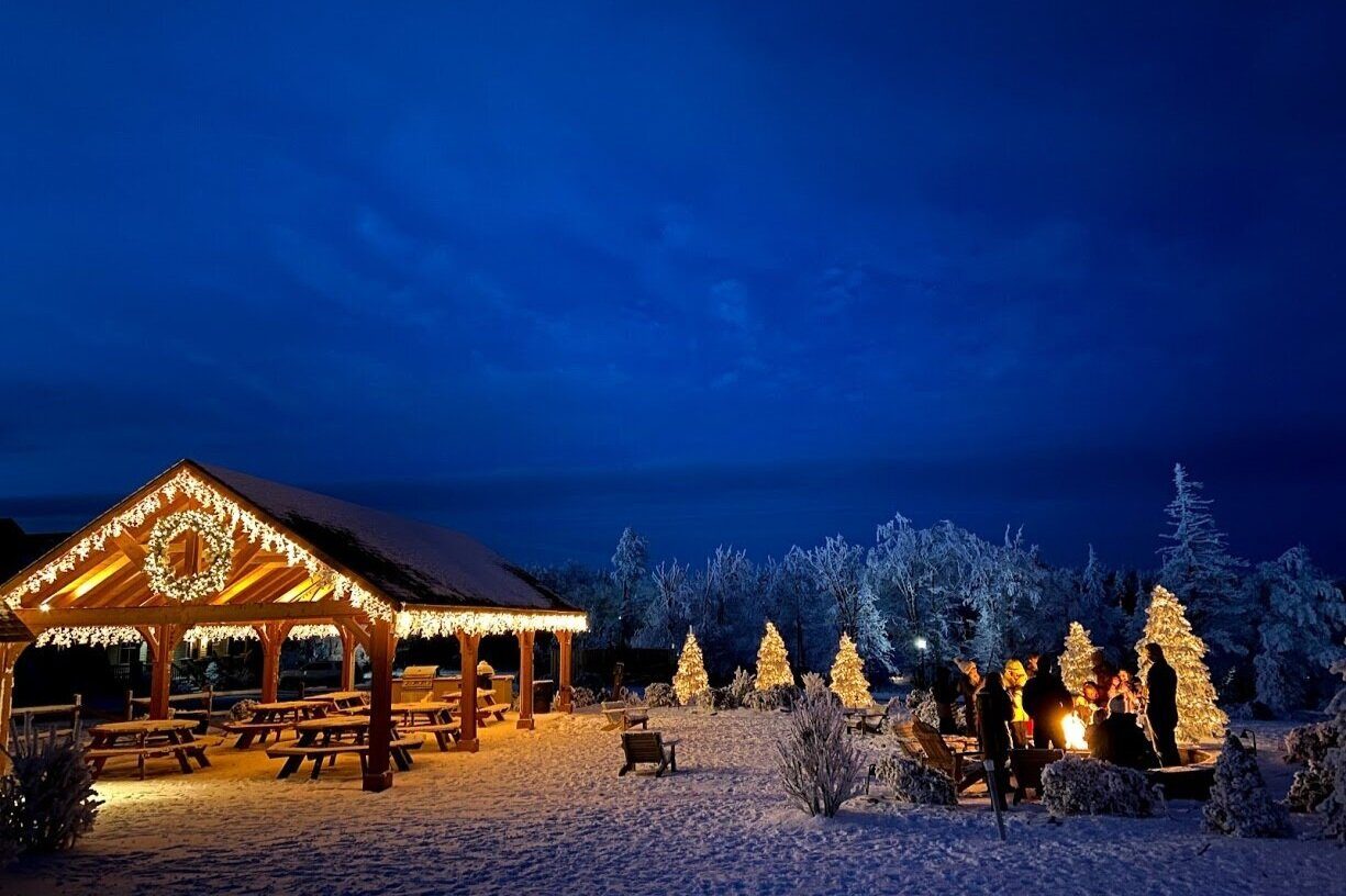 Black Bear Crossing pavilion at night