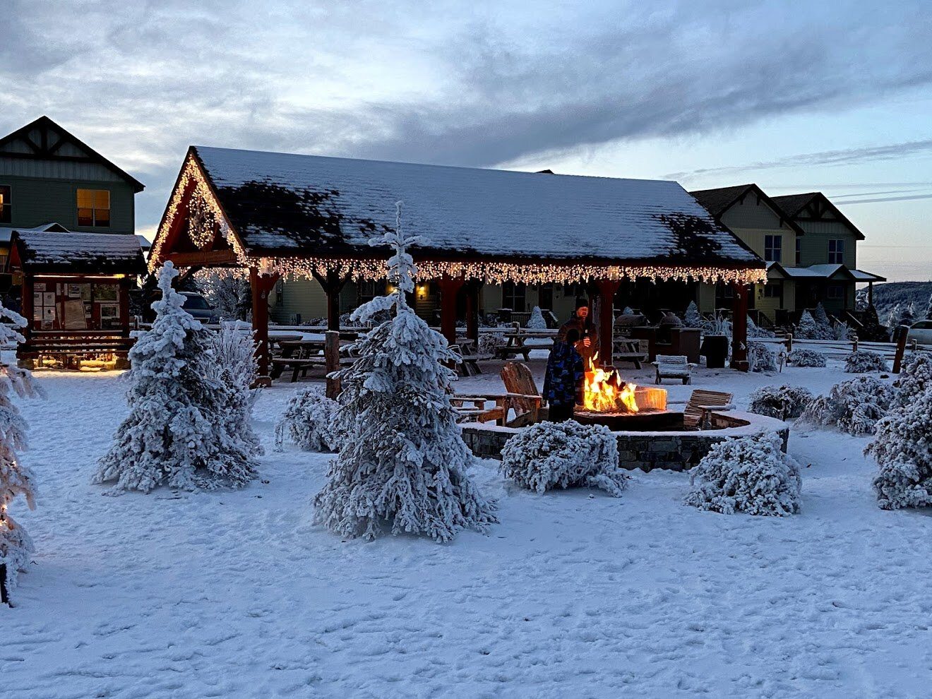 Snow-covered pavilion and fireplace